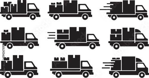 Delivery trucks transporting goods in motion on white background