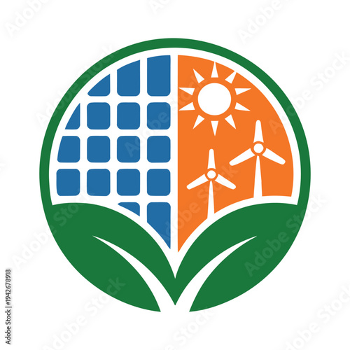 Sustainable energy sources depicted with solar panels and wind turbines in a circular emblem