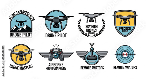 Collection of Drone Themed Logos and Emblems for Aviation Enthusiasts.