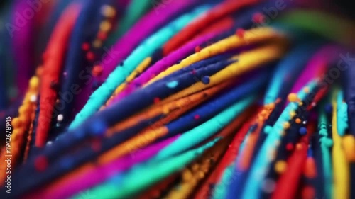 Close-up abstract of colorful strands coated with vibrant liquid particles.