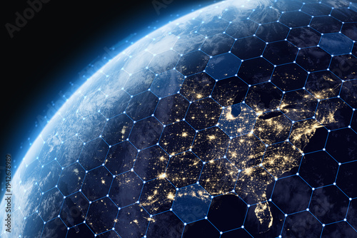 Planet Earth at night with network lines global communication, data transfer, and worldwide internet. Earth shield against missiles, asteroids and meteorites. USA, Canada, Mexico.
