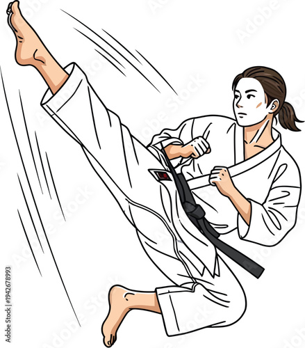 Dynamic illustration of a female martial artist executing a powerful side kick while wearing a traditional black belt gi uniform.