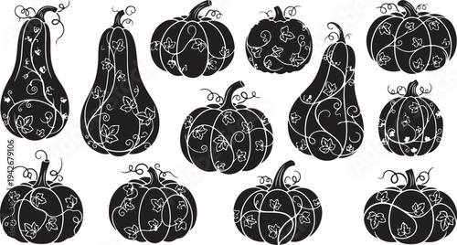 Black and white illustration of pumpkins and pears decorated