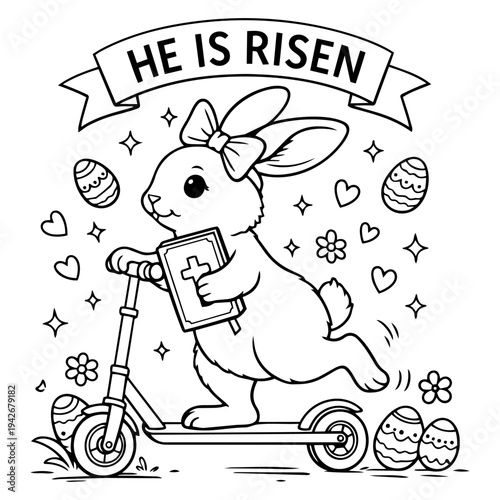 bunny riding scooter holding bible with he is risen lettering smiling spring vector illustration isolated on white background line art design for greeting card, christian apparel, church decoration