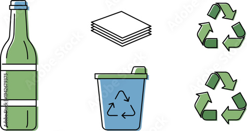 Collection of stylized environmental icons representing different materials suitable for recycling collection programs
