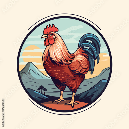 A vibrant vector illustration of a red-combed rooster and domestic poultry on a sunny farm, featuring a white cockerel bird isolated in a nature-inspired cartoon style