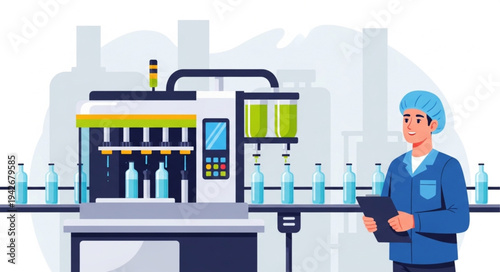 Factory Worker Inspecting Bottling Machine.