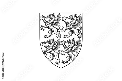 Intricate medieval heraldry with four gryphons on shield