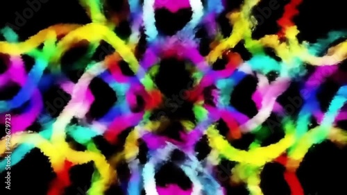 Colorful abstract brush strokes create a mesmerizing symmetrical pattern on black.