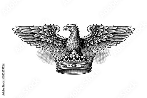 Majestic eagle perched on regal crown with intricate detailing in vintage style