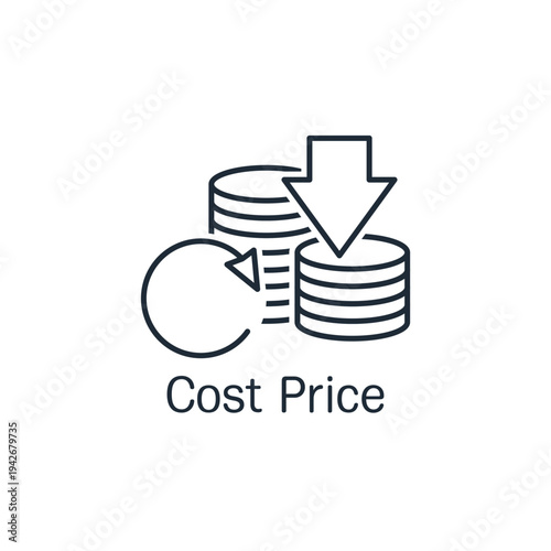 Downward arrows and stacks of coins. Reduce the cost of goods and services. Vector linear icon  illustration isolated on white background.