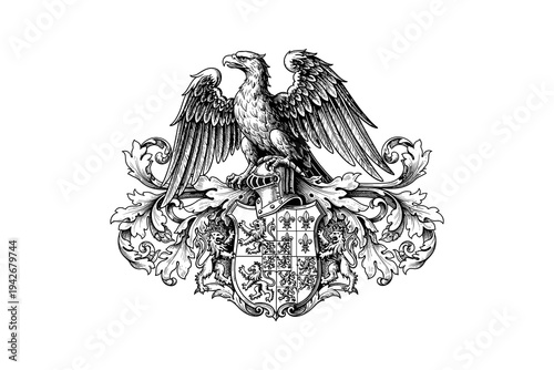 Heraldic eagle with shield and ornate floral elements in vintage engraving style