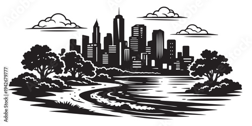 Urban Skyline Waterfront Scene Silhouette, Silhouette Vector, Isolated on White Background