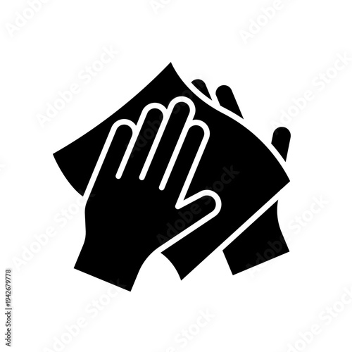 Wipe hand with towel, damp cloth, paper, tissue, napkin, fabric icon set, label, badge, logo, symbol, sign, black, line, vector, isolated illustration. Personal hygiene. Keep clean hands wet or dry.
