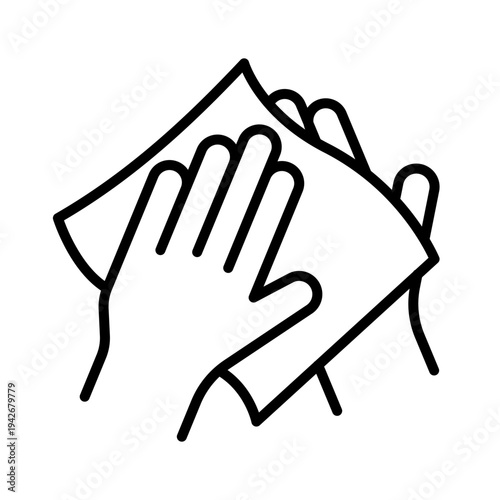 Wipe hand with towel, damp cloth, paper, tissue, napkin, fabric icon set, label, badge, logo, symbol, sign, black, line, vector, isolated illustration. Personal hygiene. Keep clean hands wet or dry.