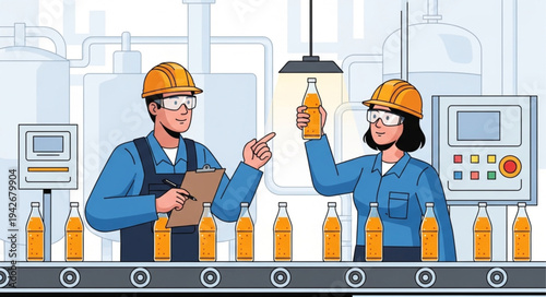 Factory Workers Inspecting Bottles on Conveyor.