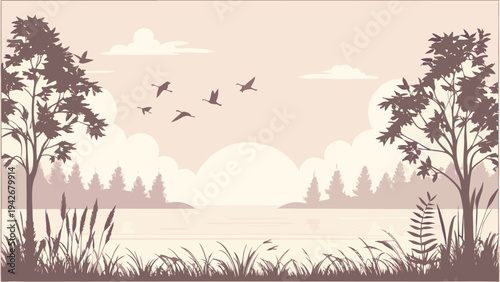 Serene natural landscape illustration featuring silhouettes of geese flying above a calm lake surrounded by lush trees and tall marsh grass in soft monochrome tones