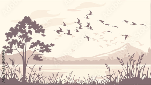 Silhouette flock of migrating geese flying across a tranquil landscape featuring a large foreground tree, calm water, distant mountains, and tall grasses bordering the serene scene.