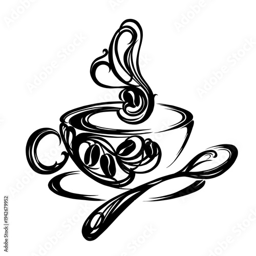 Decorative coffee cup with beans silhouette