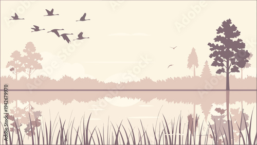 Tranquil natural landscape featuring a flock of migratory geese flying over a calm reflective lake surrounded by silhouetted marsh grasses and distant forest trees during sunrise or sunset
