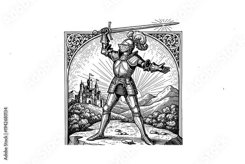 Medieval knight with sword in ornate armor against castle and mountain landscape