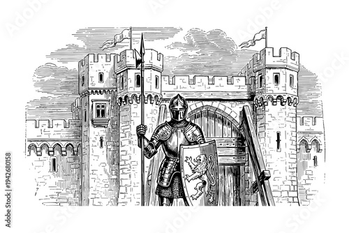 Medieval knight in armor stands guard before a majestic castle with drawbridge