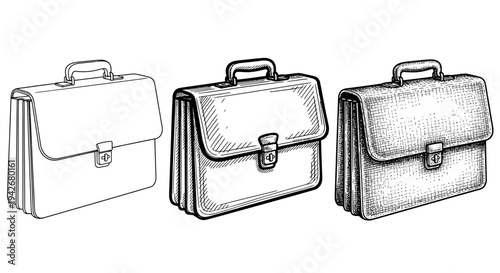Three hand-drawn illustrations of a briefcase in different artistic styles, showcasing classic design and professional utility