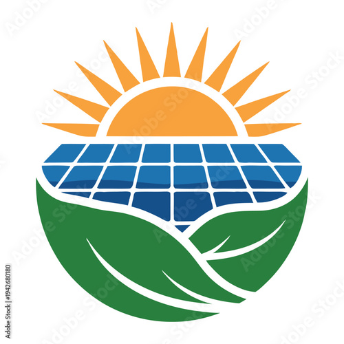 Solar energy symbol with sun and green leaves representing renewable resources