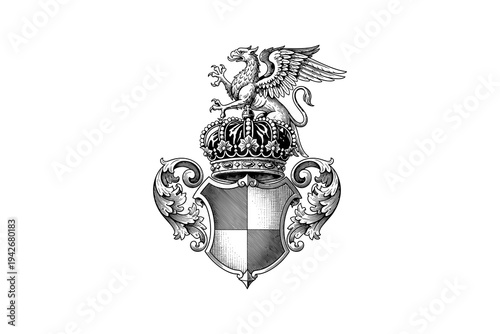 Heraldic emblem with griffin, crown, and shield in vintage monochrome design