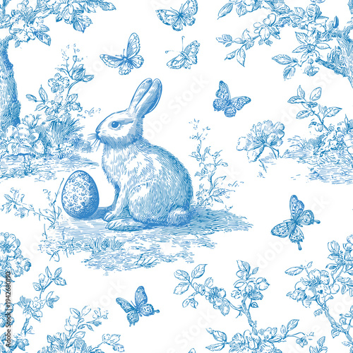 Blue Toile de Jouy Easter Bunny Seamless Pattern with Butterflies and Vintage Floral Garden. Elegant seamless vector pattern inspired by classic French toile de Jouy and chinoiserie illustration