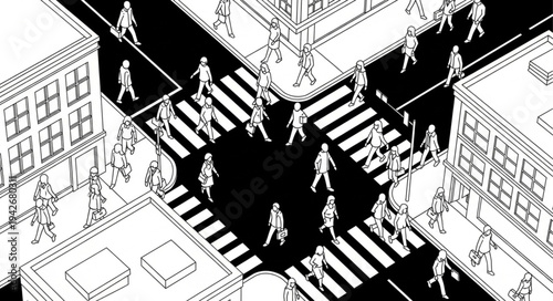 Isometric View of City Intersection with Pedestrians Crossing.