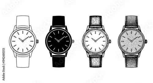 Distinct Collection of Hand-Drawn Wristwatches Showcasing Diverse Classic and Modern Timepiece Designs for Fashion and Accessory Concepts