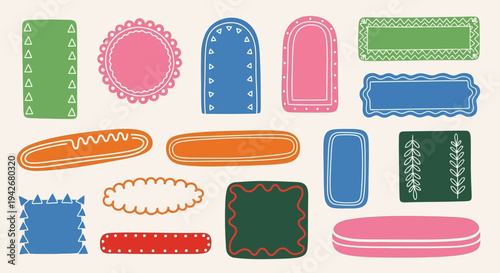 A vibrant collection of whimsical hand-drawn decorative frames, borders, and labels, featuring diverse shapes and intricate patterns, perfect for crafting and design projects