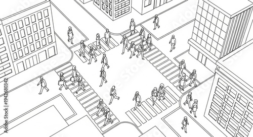 City Intersection Scene with Pedestrians Crossing Streets.