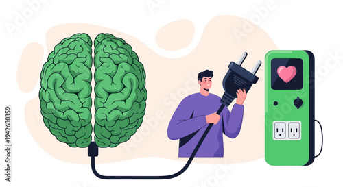 Connecting a human brain to a charging station with a heart symbol, representing mental energy and health