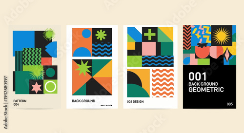 Dynamic abstract geometric posters and covers showcasing a vibrant collection of modern graphic design patterns, perfect for contemporary projects and creative backgrounds
