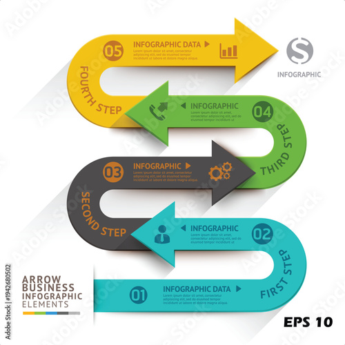 5-Step Serpentine Business Roadmap Infographic. Vector Illustration of a Winding Strategic Process with S-Curve Arrow Banners and Long Shadow Effects
