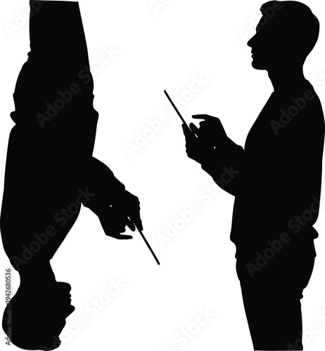 Duality silhouettes, inverted reflection, stylus interaction, digital device, abstract teamwork,