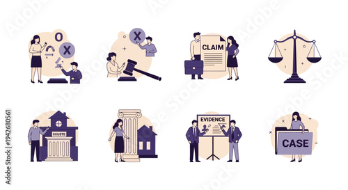 Eight vignettes illustrating legal concepts using stylized human figures and icons