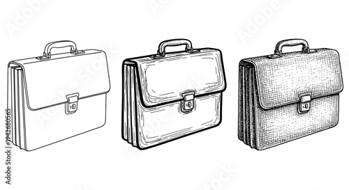 Detailed Hand-Drawn Briefcase Illustrations Set Classic Professional Business Accessories in Vintage Outline and Shaded Sketch Style for Work and Travel Concepts