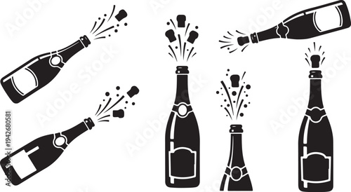 Black and white champagne bottles celebration party icons set