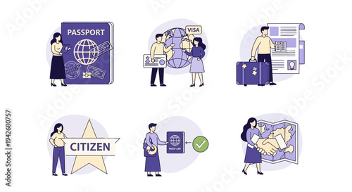 Six icon set depicting travel citizenship and documentation steps
