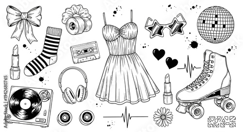 Eclectic Retro Vibe Collection Hand-Drawn Elements for Vintage Fashion, Music, and Party Themes, Celebrating 80s and 90s Nostalgia with Style
