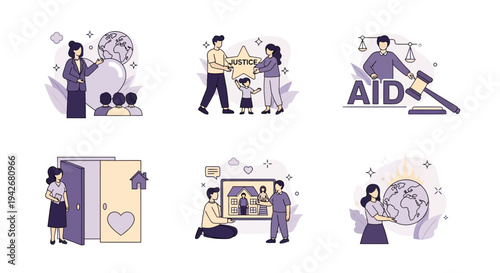 Six illustrations depicting concepts like global outreach justice aid housing family and environmental care