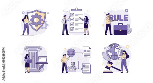Six illustrations depicting compliance law and governance concepts