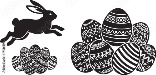 Easter bunny and decorated eggs in black and white
