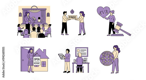 Six illustrations depicting diverse group activities including presentation exchange legal concepts real estate office work and global representation