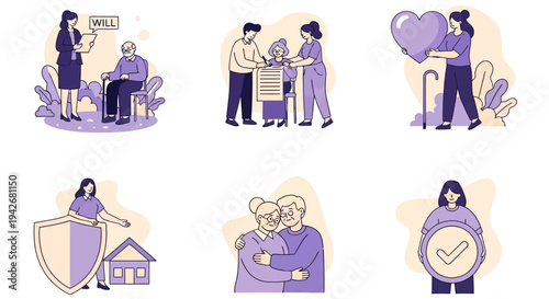 Six illustrations depicting legal care and family planning scenarios