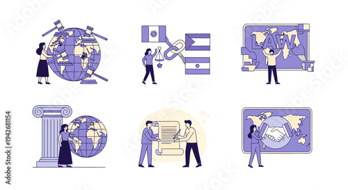 Six illustrations depicting international law concepts using globes figures and symbols