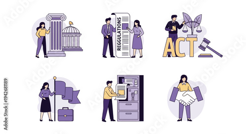 Six illustrations depicting legal regulatory and business concepts with stylized people